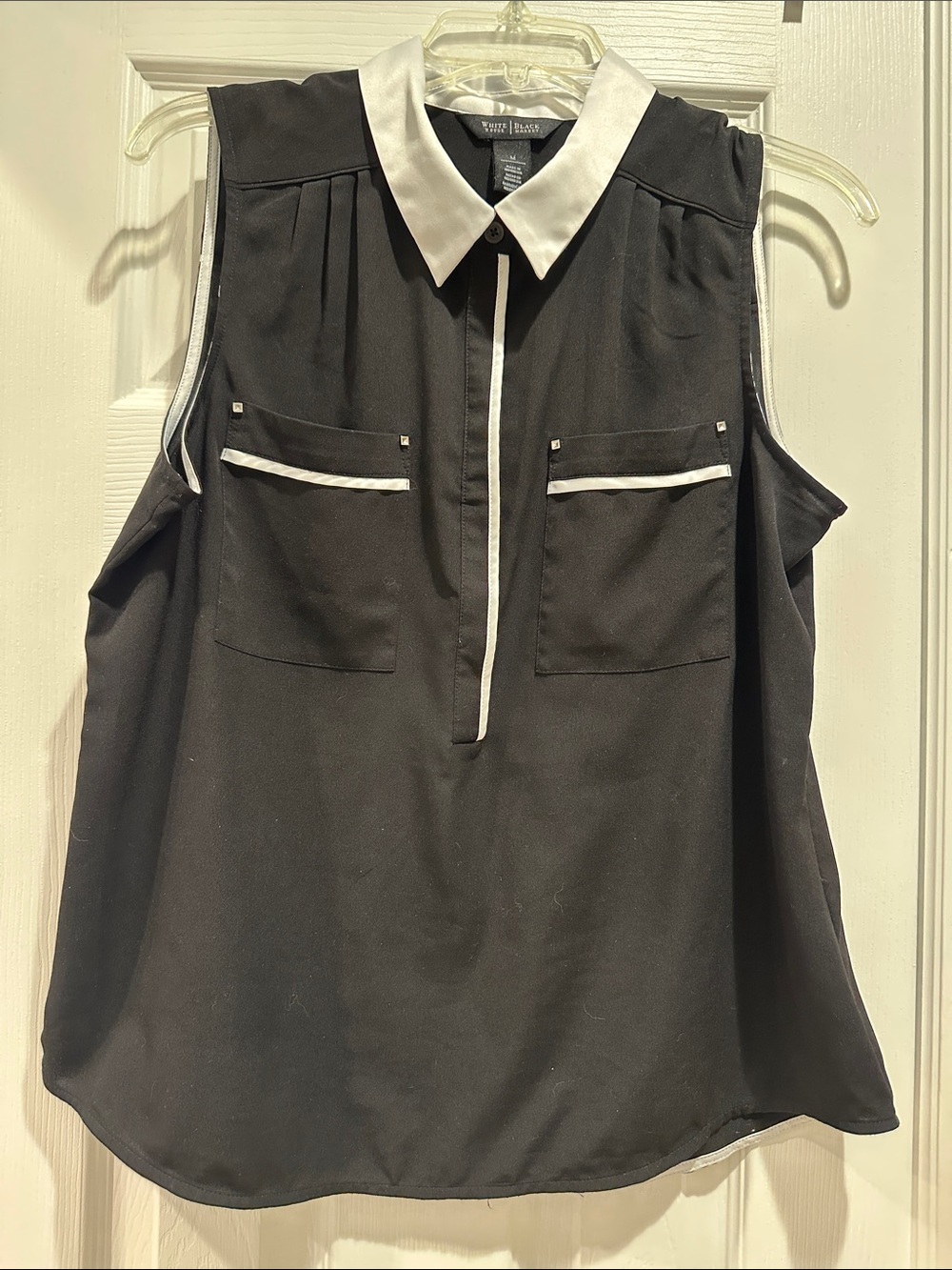 White House Black Market Black Sleeveless Blouse with White Trim